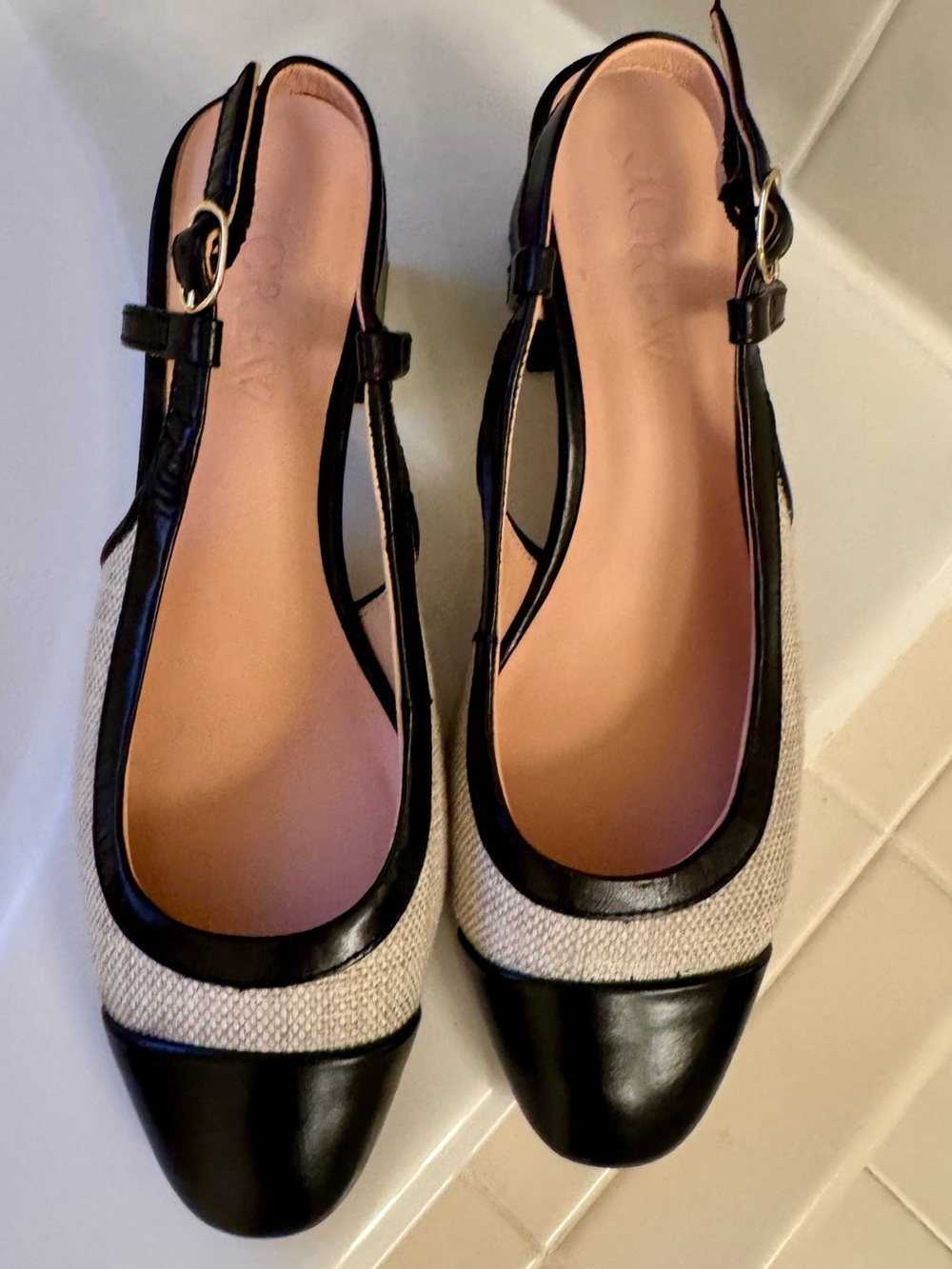 J. Crew Layne Two-Tone Slingback Flats in Black and Spanish Canvas